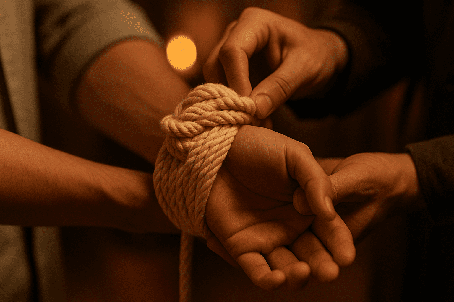 Hände mit sanfter Bondage – Visual für achtsames BDSM Coaching